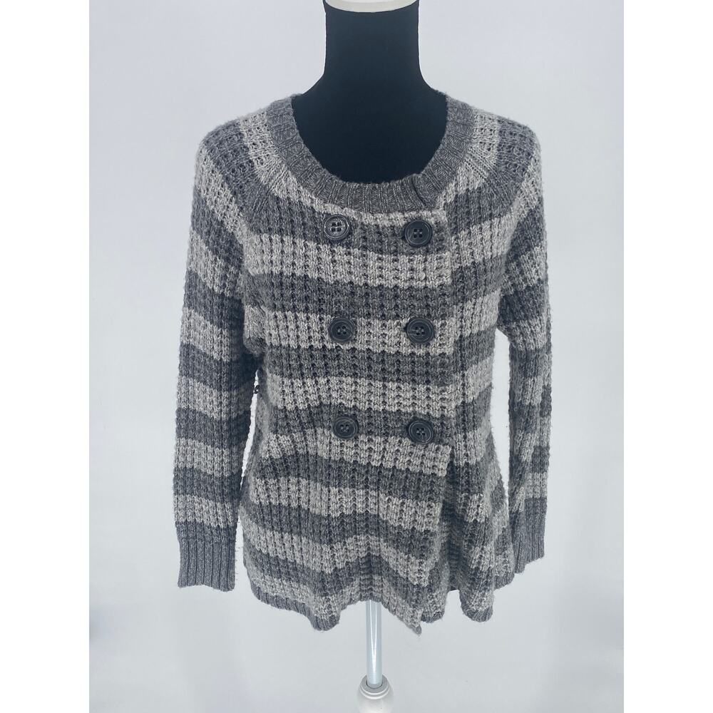 BCBGMAXAZRIA Gray Striped Knit Sweater Sz Small Merino Wool Blend Button Detail